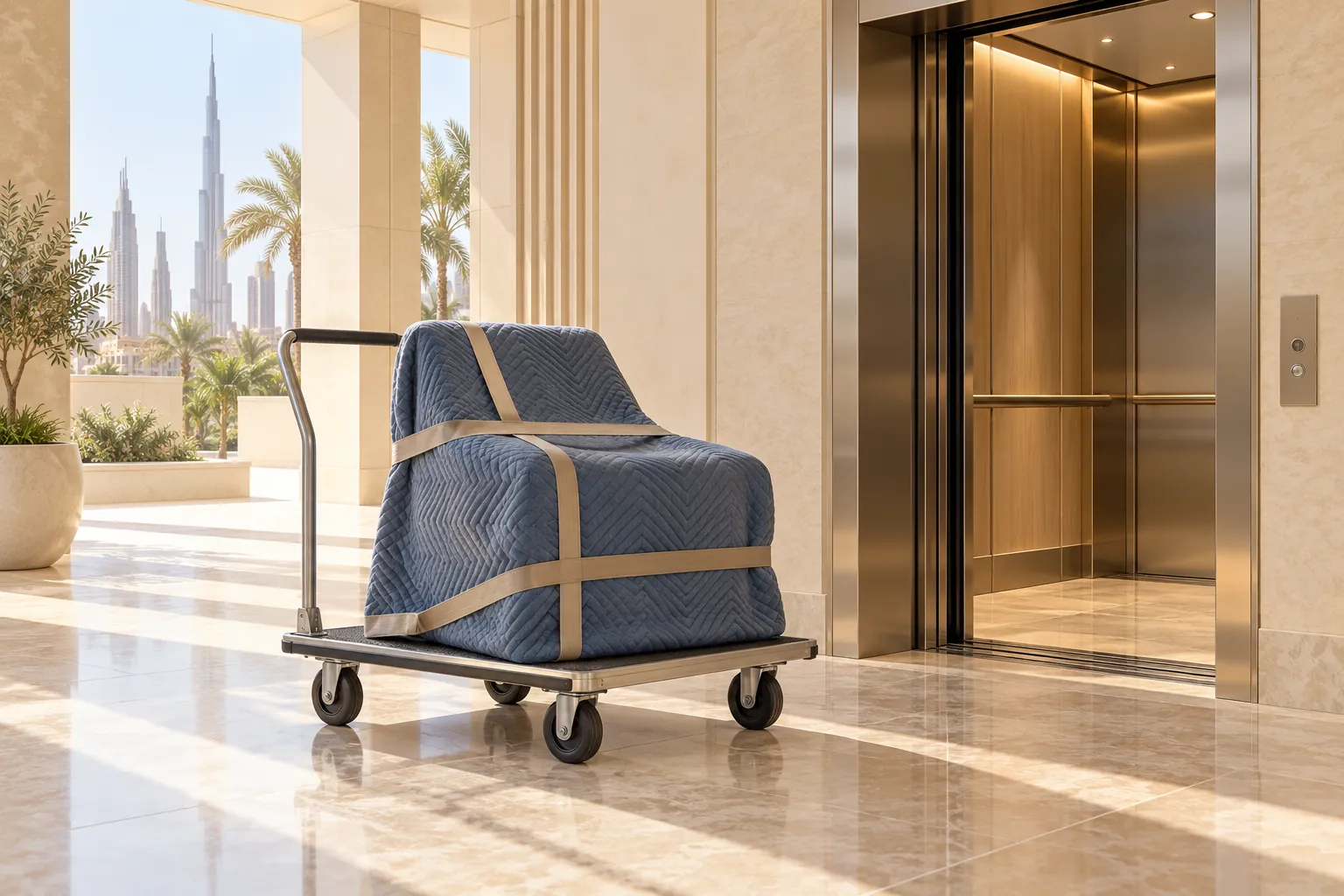Blanket-protected chair parcel on a trolley beside a bright lift entrance