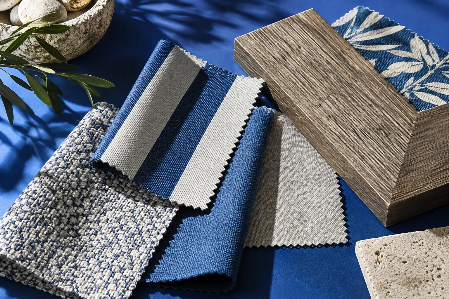 Blue and grey fabric swatches beside wood and stone samples