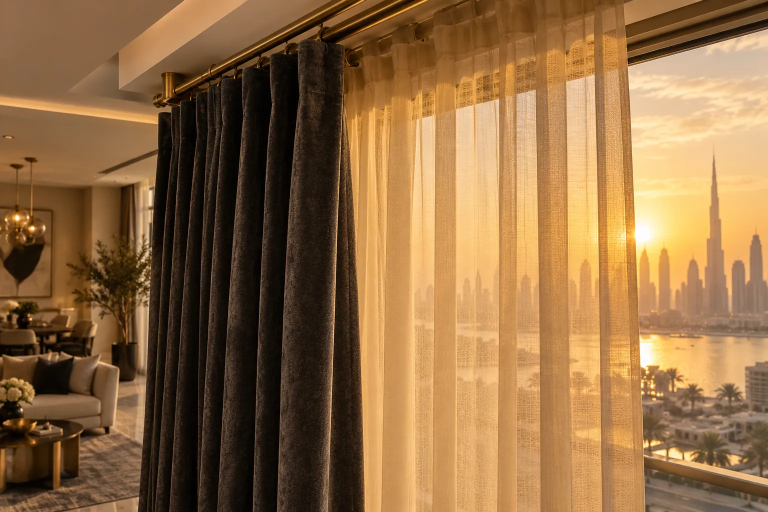 Brass double track with charcoal drape and amber sheer at sunset