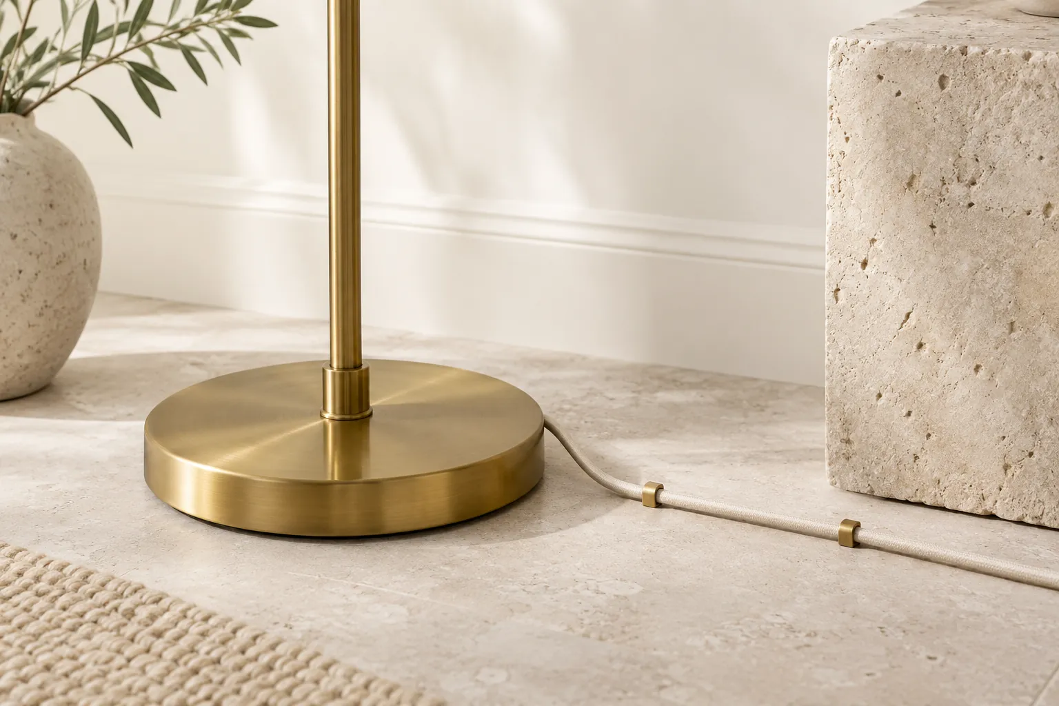 Brass lamp base and secured white cable on pale stone flooring