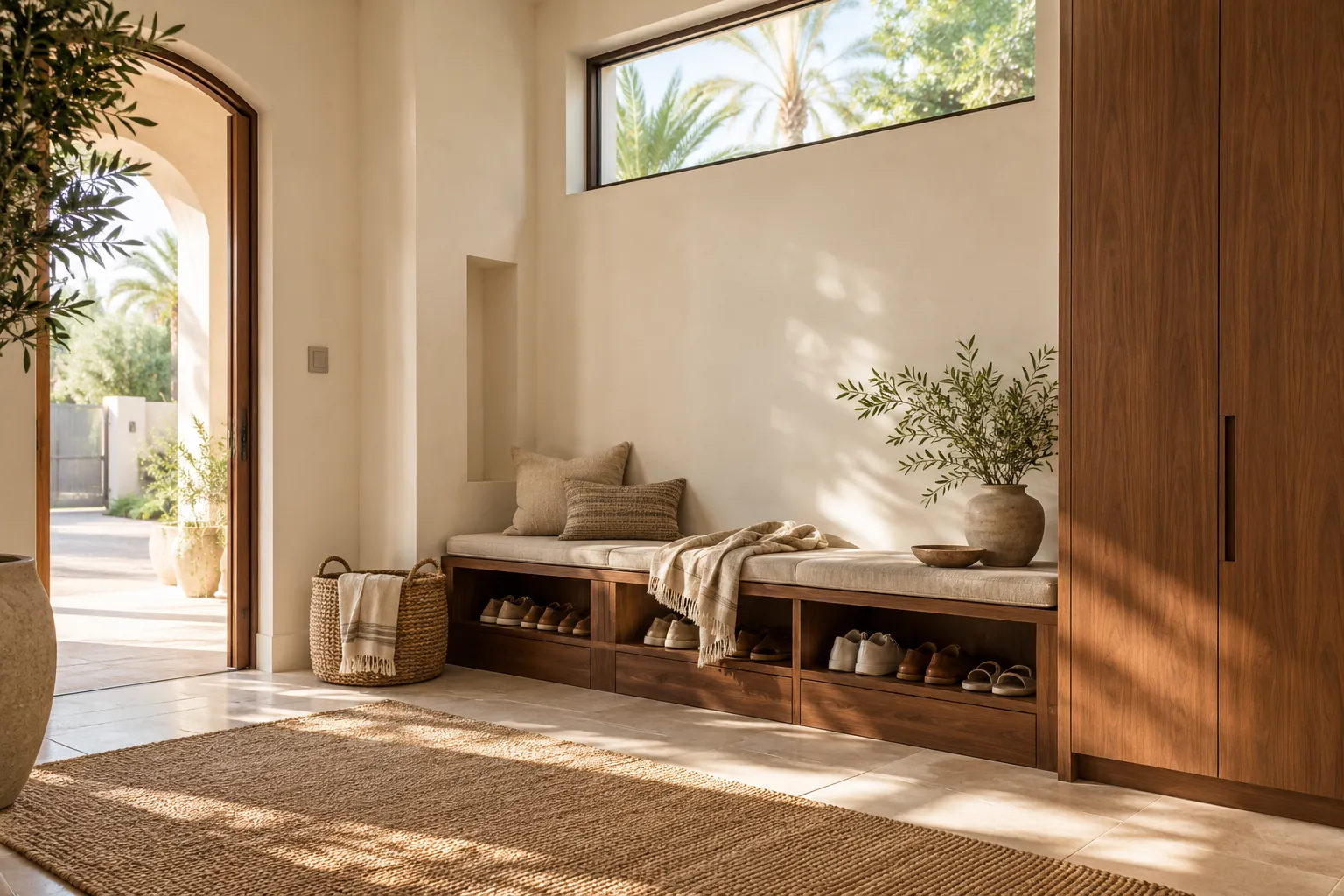Bright villa mudroom with a walnut shoe-storage bench and tall cabinet