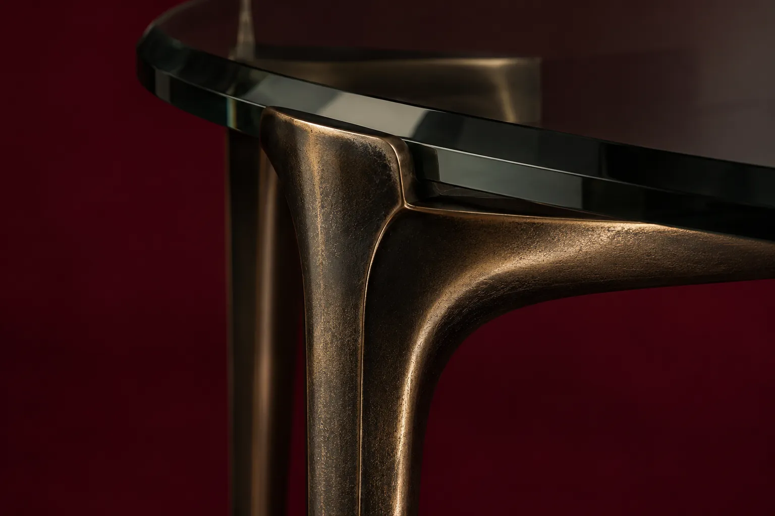 Bronze table support and dark tabletop against a burgundy backdrop