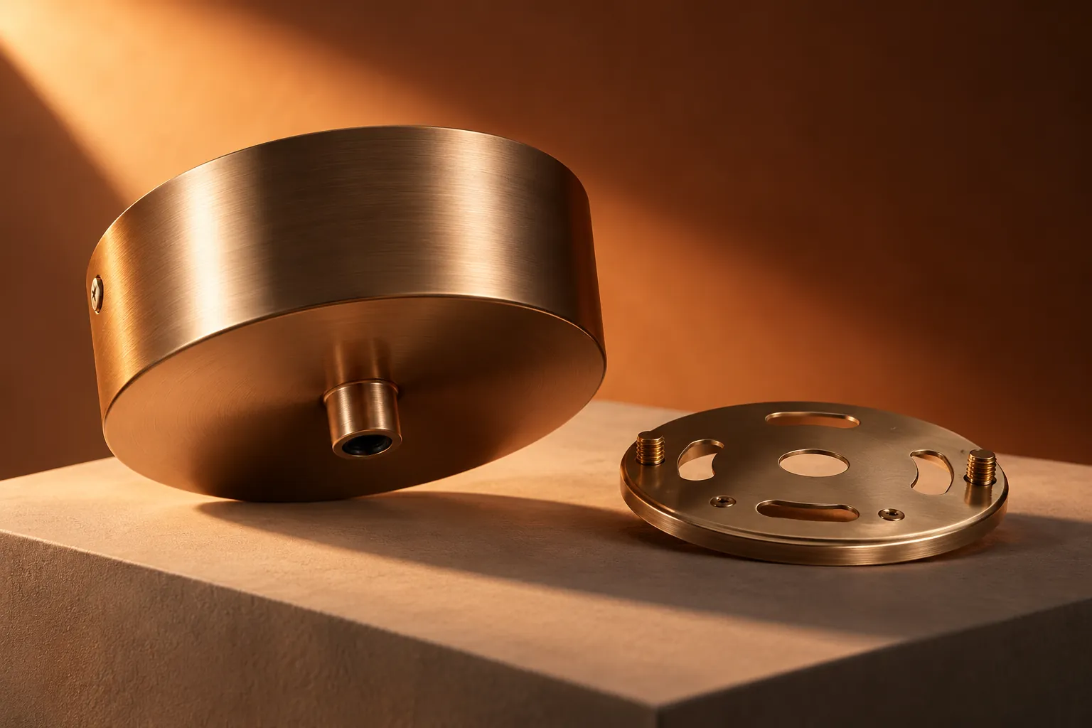 Brushed metal ceiling canopy and mounting plate in a copper-toned studio