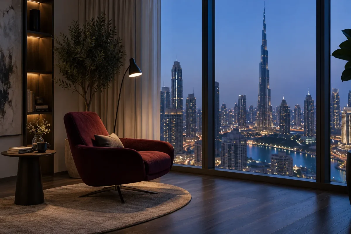 Burgundy armchair and floor lamp in a dark Dubai lounge at blue hour