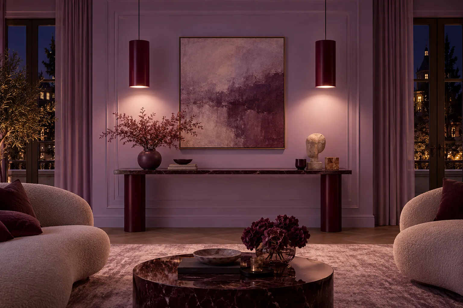 Burgundy pendant lights above a console in a lilac room at night