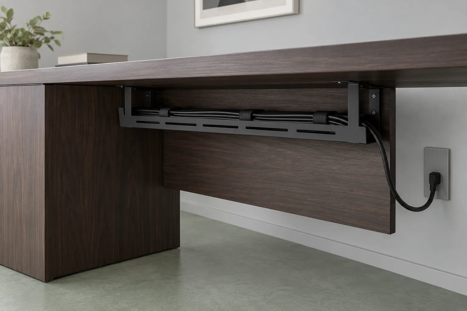 Cable tray beneath a dark wood desk beside a wall socket
