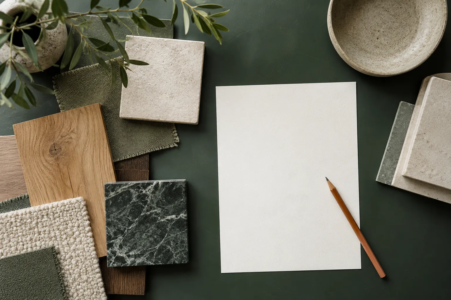 Ceramic and timber samples on a green design workbench