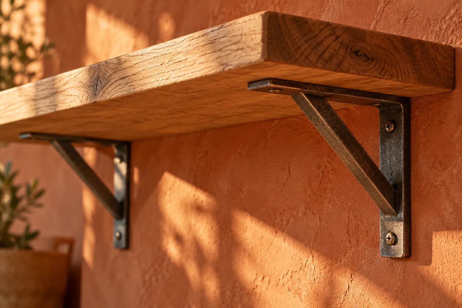 Close detail of a timber shelf edge and metal support hardware
