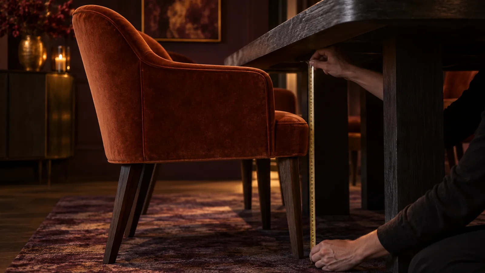 Close side view measuring an armchair beneath a dark dining table