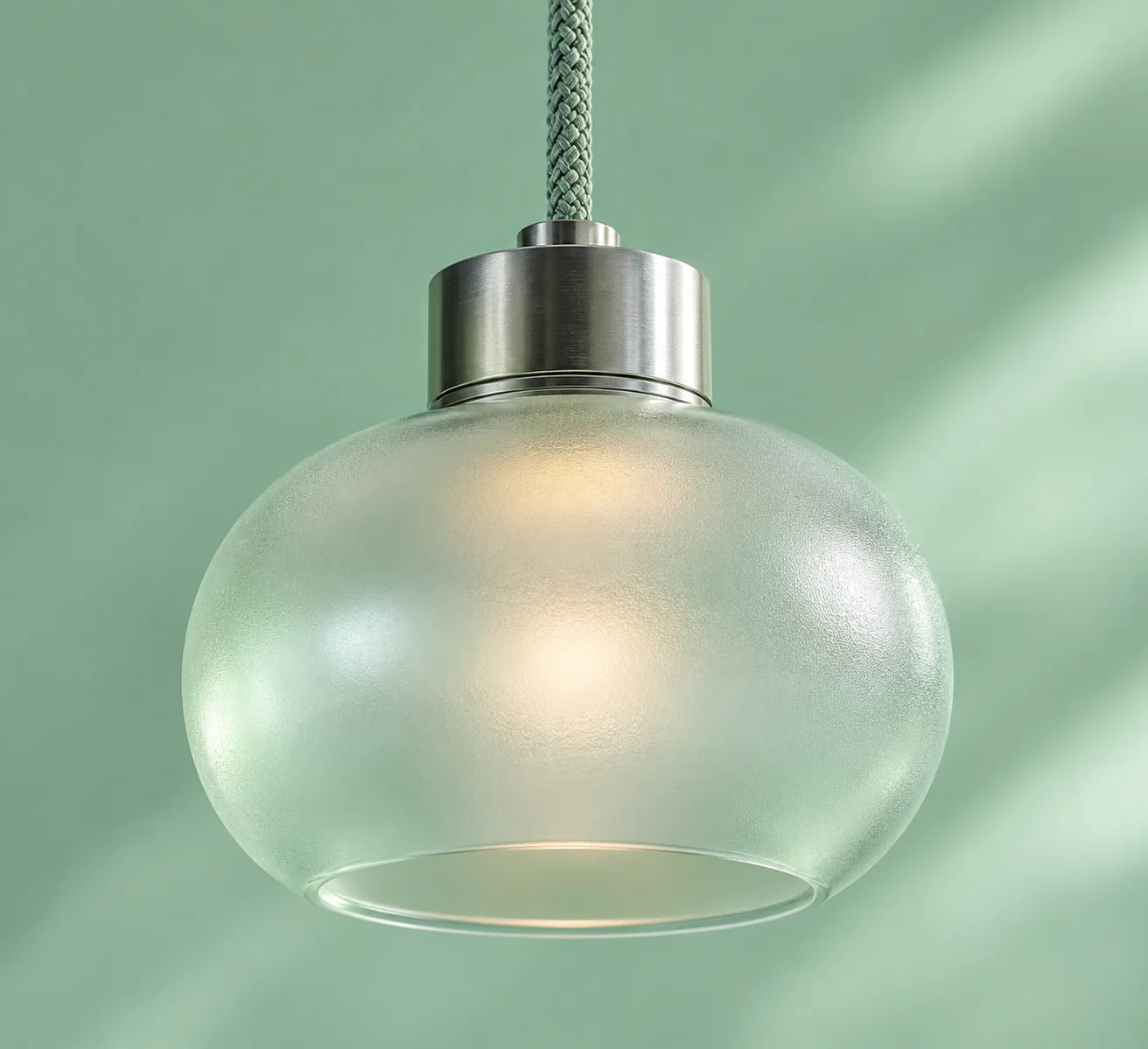 Close-up of a frosted pendant diffuser with a silver rim in a mint studio