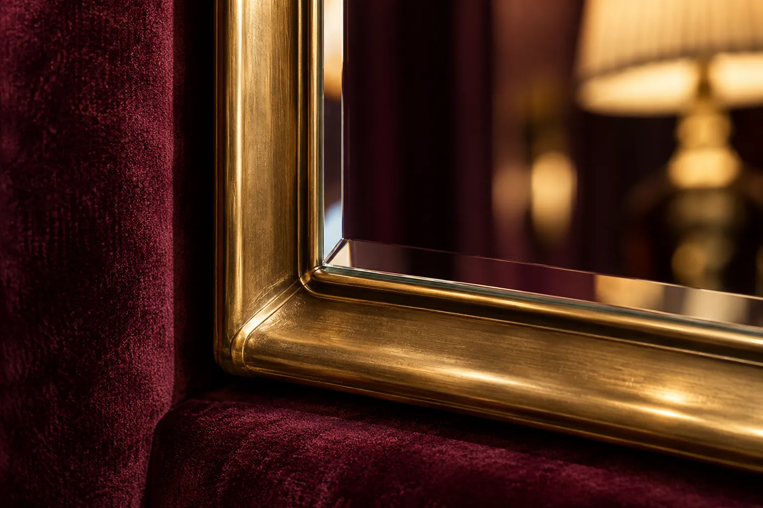 Close-up of a gold mirror frame against burgundy velvet