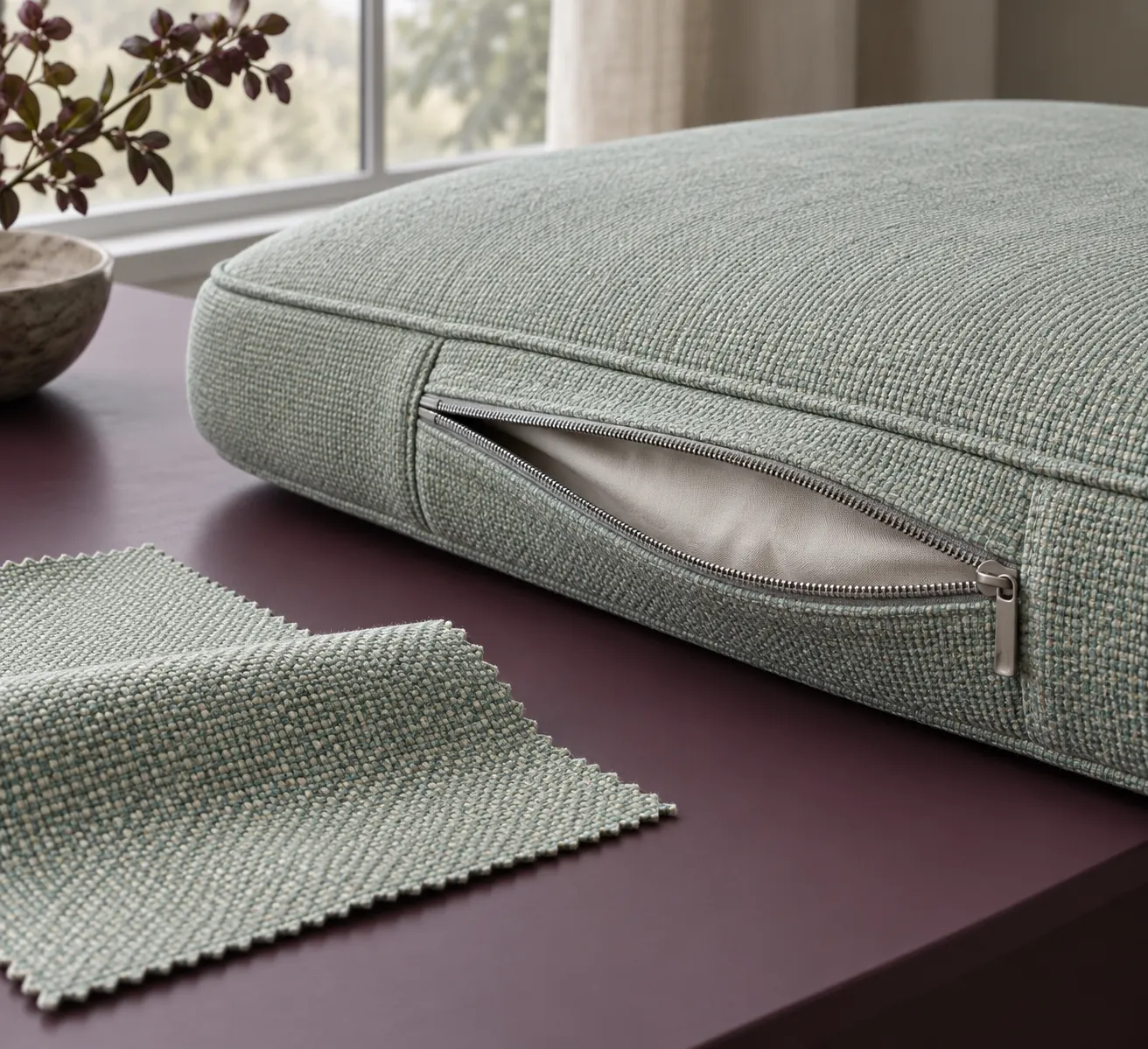 Close-up of a sage upholstery cushion with its concealed zip open
