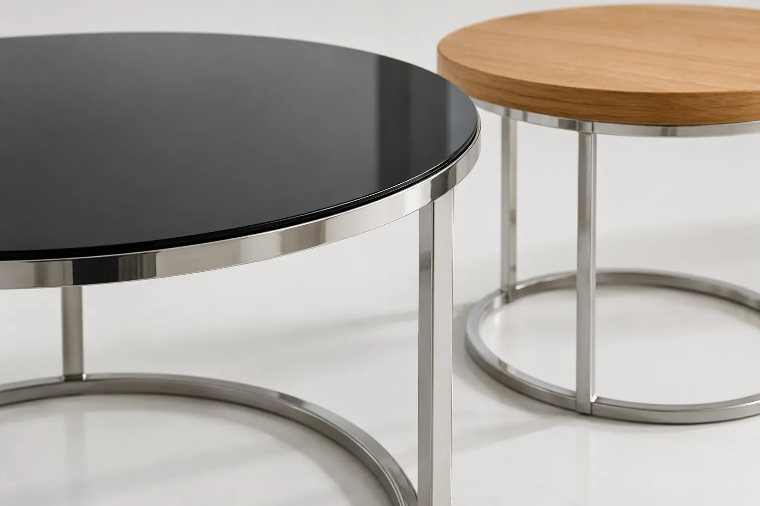 Close-up of black and natural-wood round tables with polished metal bases