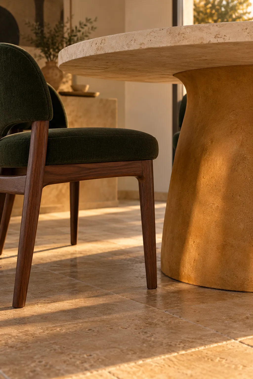 Close view of a broad ochre table pedestal beside a green dining chair