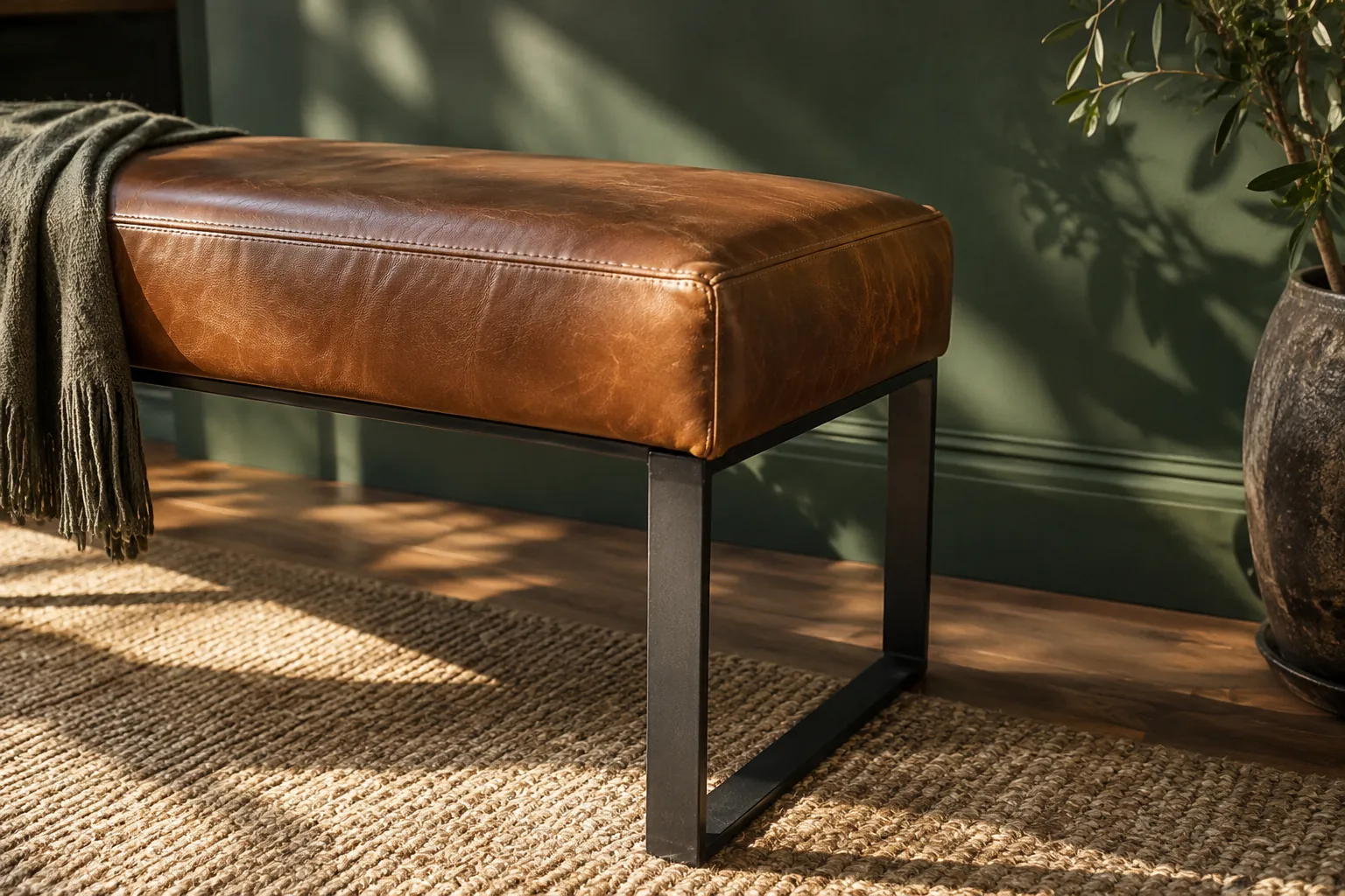 Close view of leather bench corner and metal leg