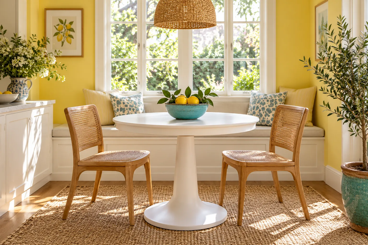 Closed round white table in a bright yellow breakfast alcove