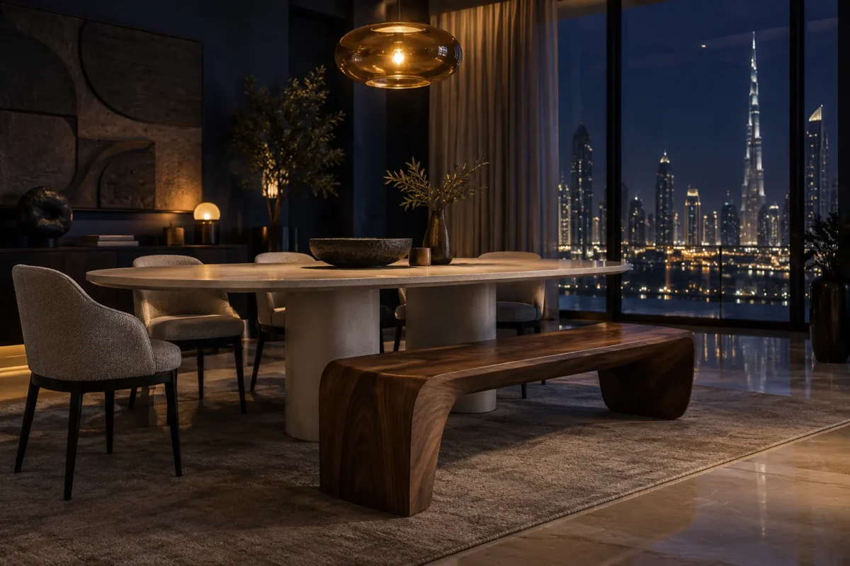 Concept dining room with walnut bench and oval table under amber evening lighting