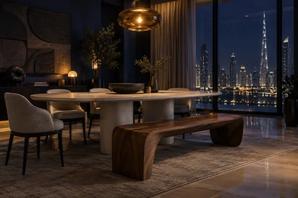 Concept dining room with walnut bench and oval table under amber evening lighting