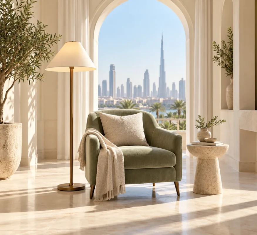 Concept illustration: Bronze floor lamp beside a sage armchair in a sunny ivory Dubai alcove