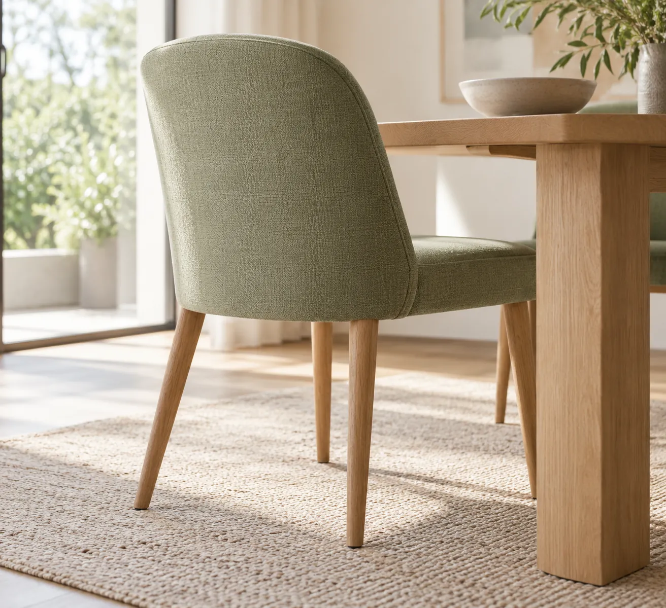 Concept illustration: Dining chair feet positioned on a flat oatmeal rug in a pale green room