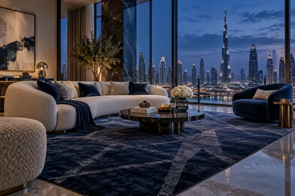 Concept illustration: Indigo rug and cream sofa in a Dubai sitting room at cool dusk