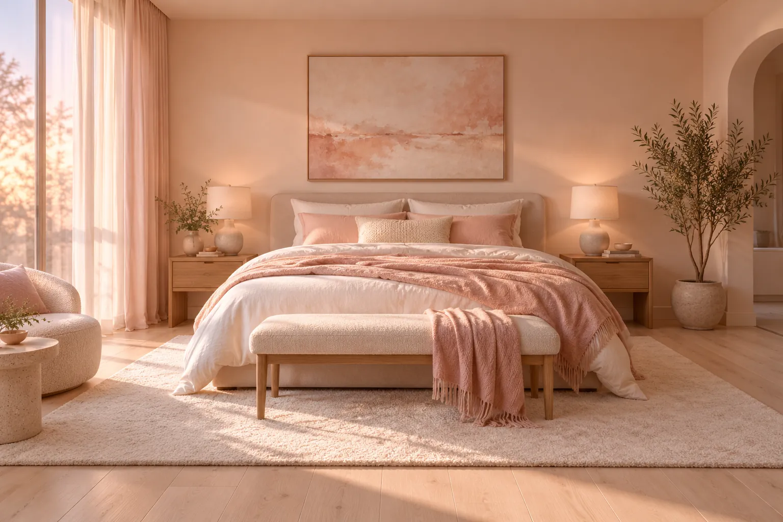 Concept illustration: Ivory rug extending around a bed in a peach bedroom at dawn