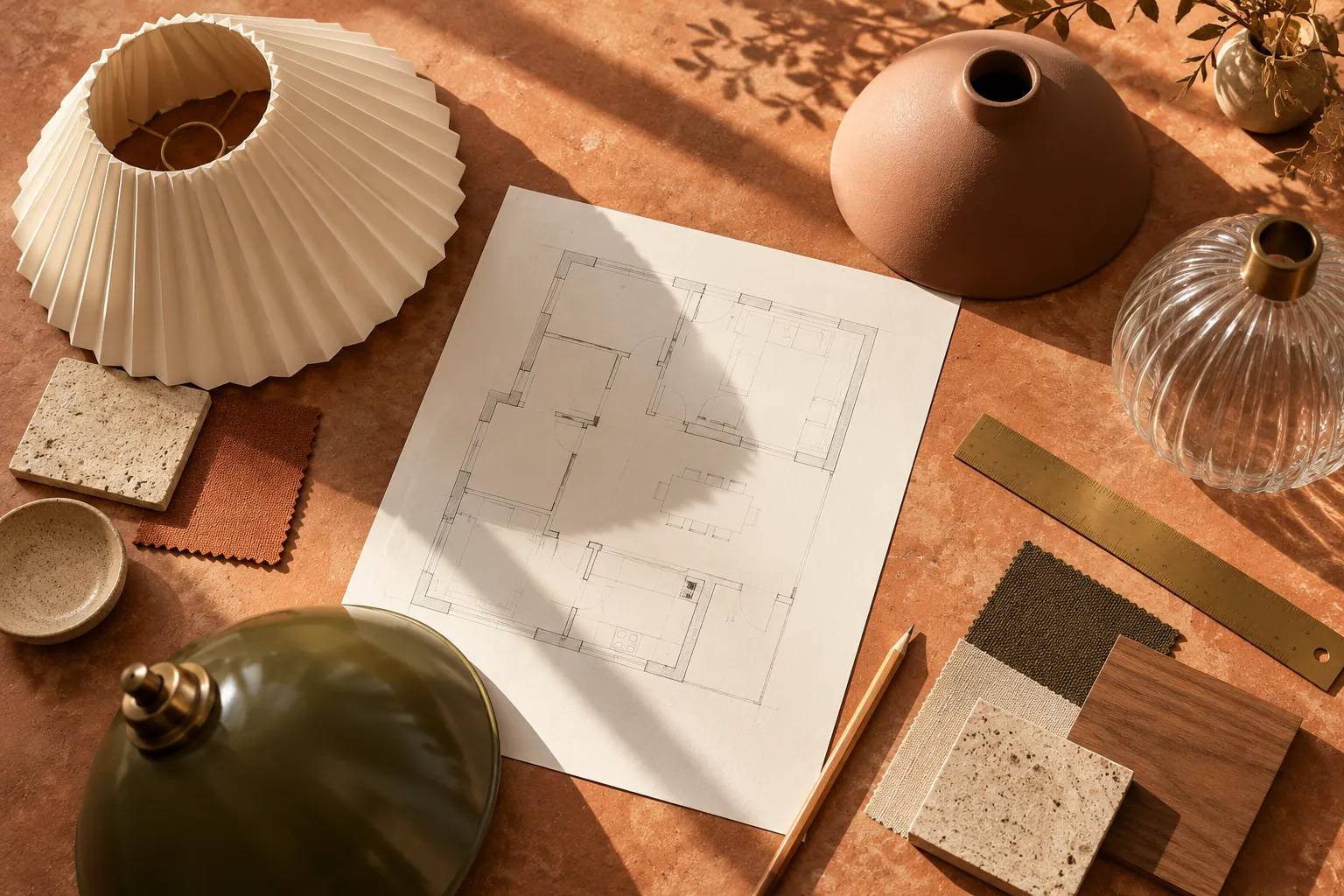 Concept illustration: Lamp shade samples and brass ruler on a terracotta planning table