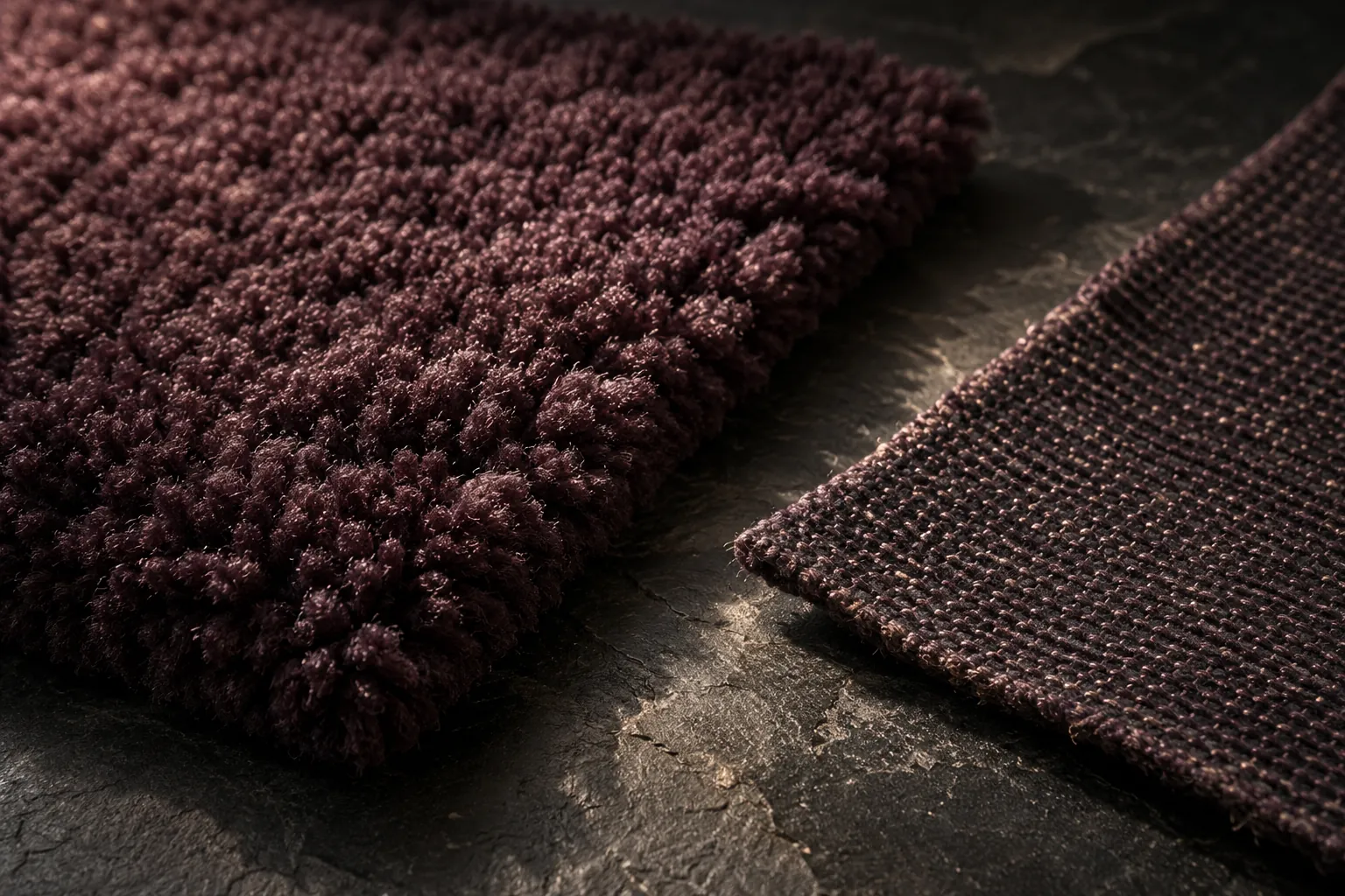 Concept illustration: Plum wool pile and backing sample in a charcoal textile studio