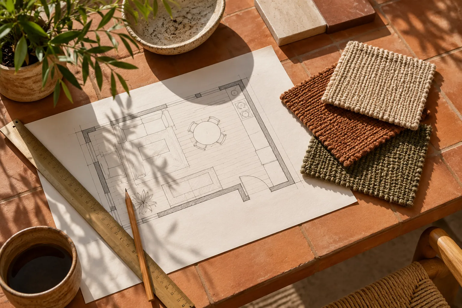 Concept illustration: Rug samples and a blank room plan on a terracotta table
