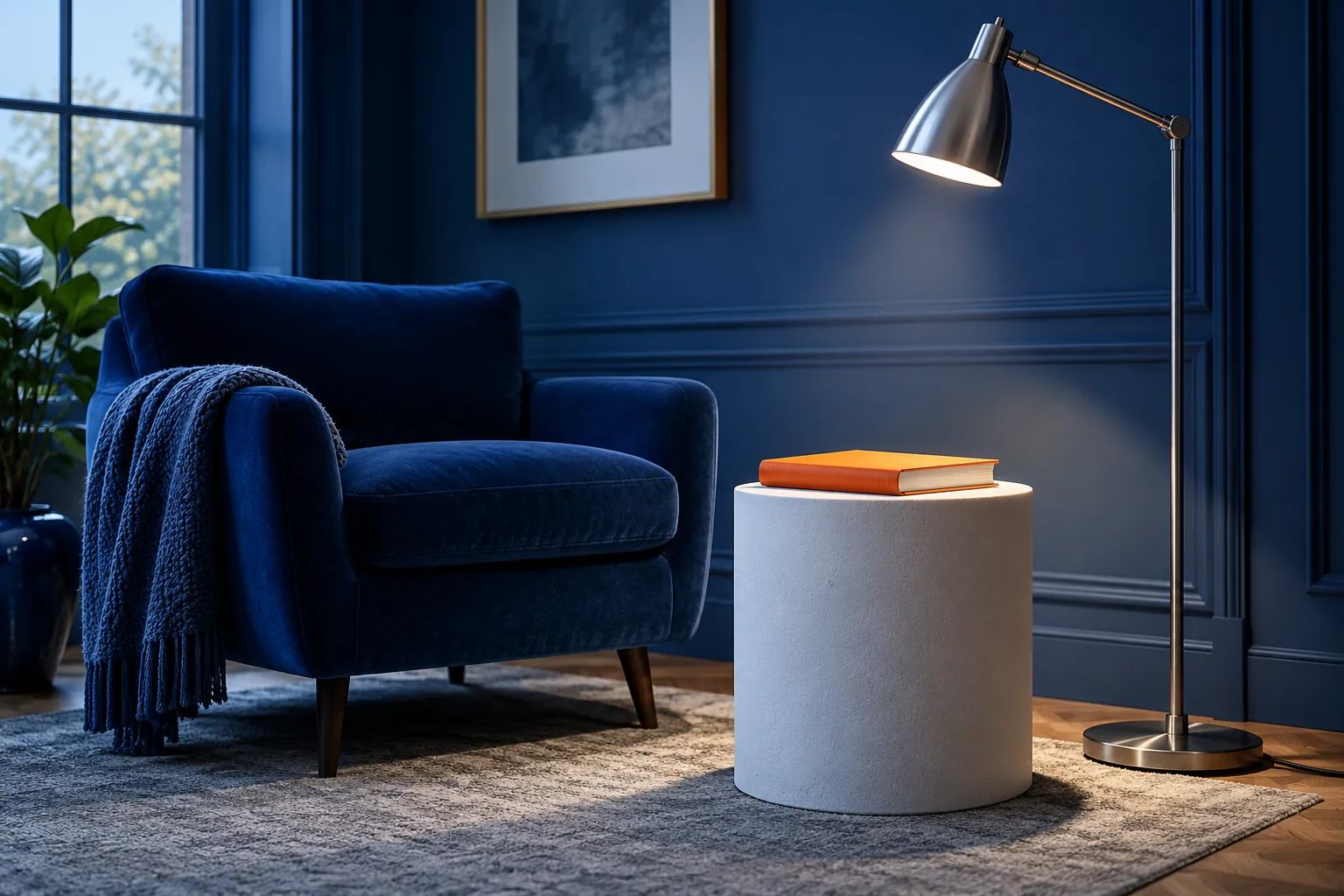 Concept illustration: Silver task floor lamp beside an orange book in a cobalt study