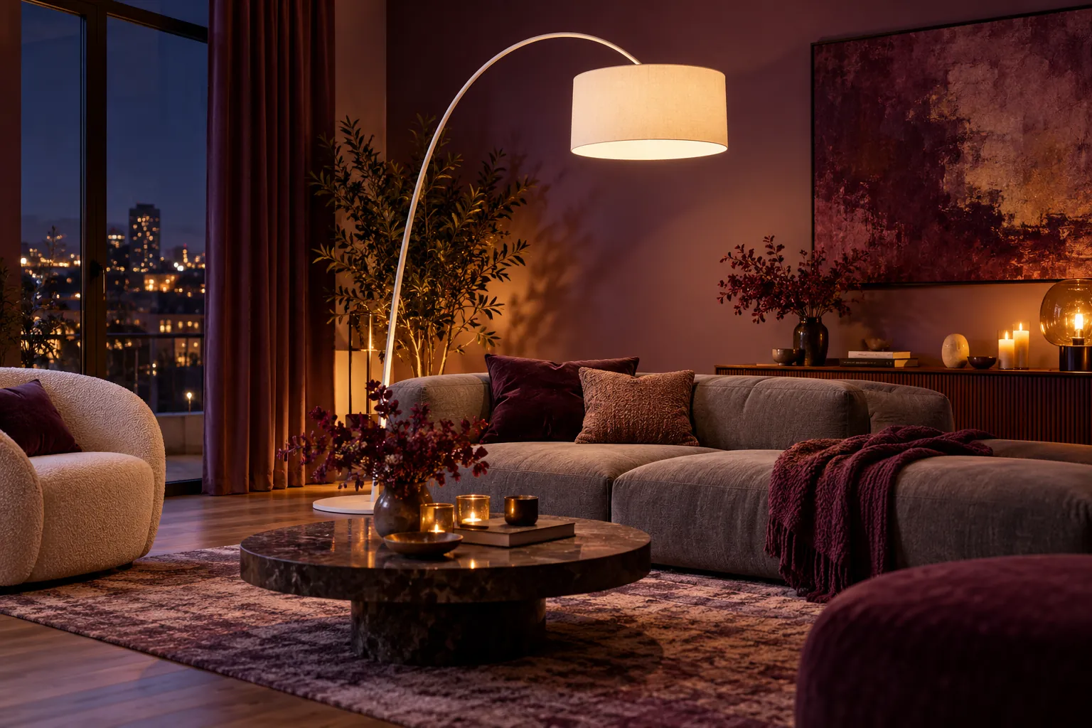 Concept illustration: White arc lamp behind a grey sofa in a plum evening lounge