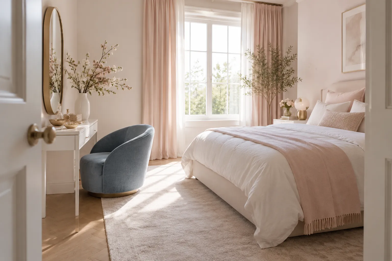 Conceptual bedroom with white vanity and blue-grey accent chair