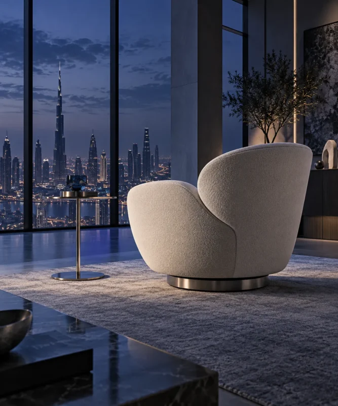 Conceptual cream swivel armchair overlooking a blue city skyline at dusk