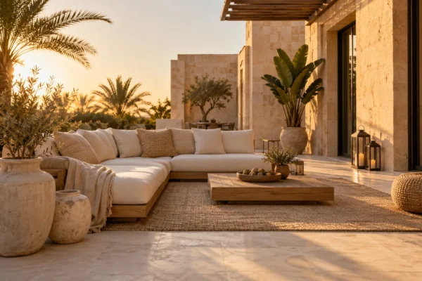 Conceptual sunlit stone patio with cream sectional sofa and wooden coffee table