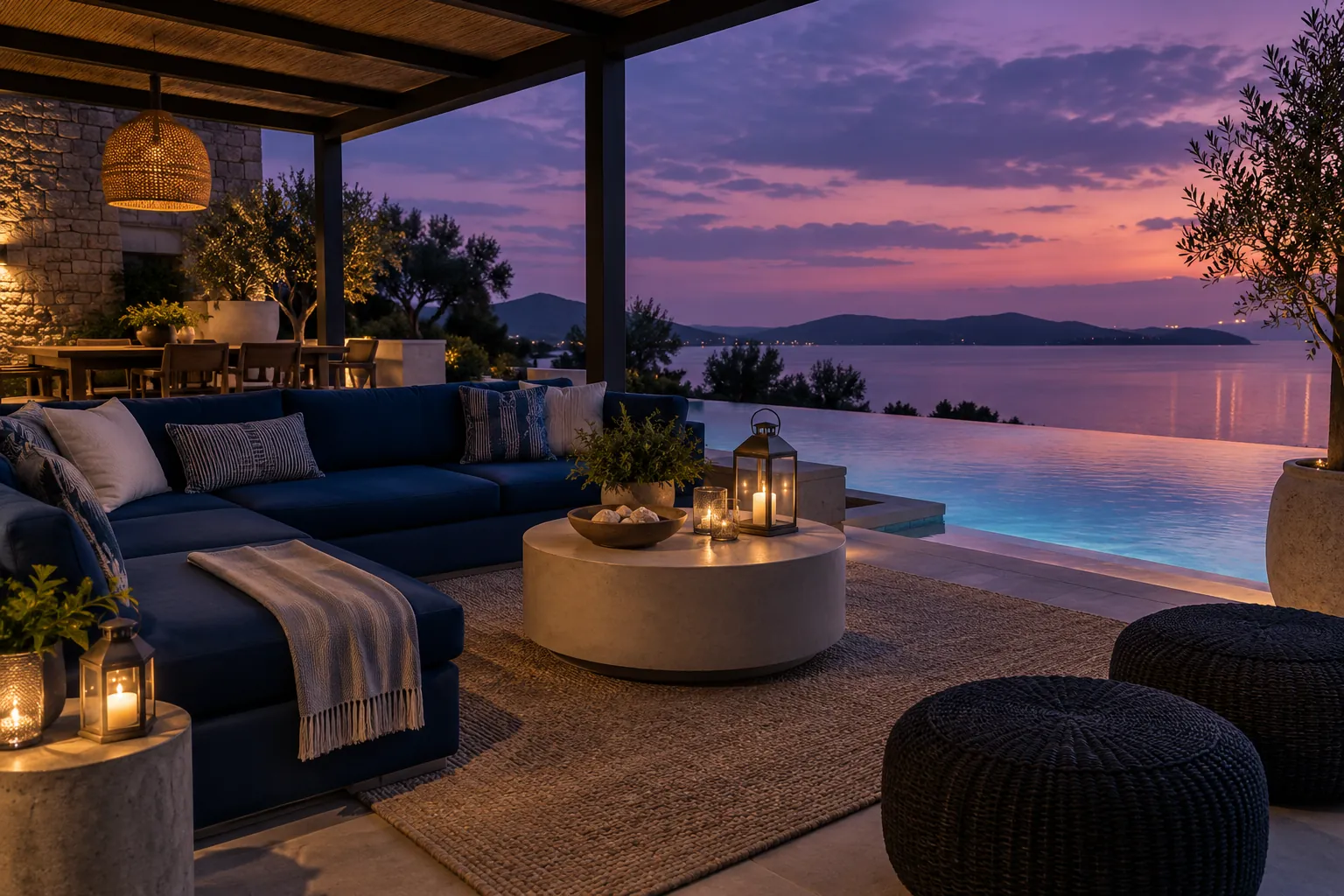Covered waterfront terrace with navy sectional and glowing lanterns at dusk