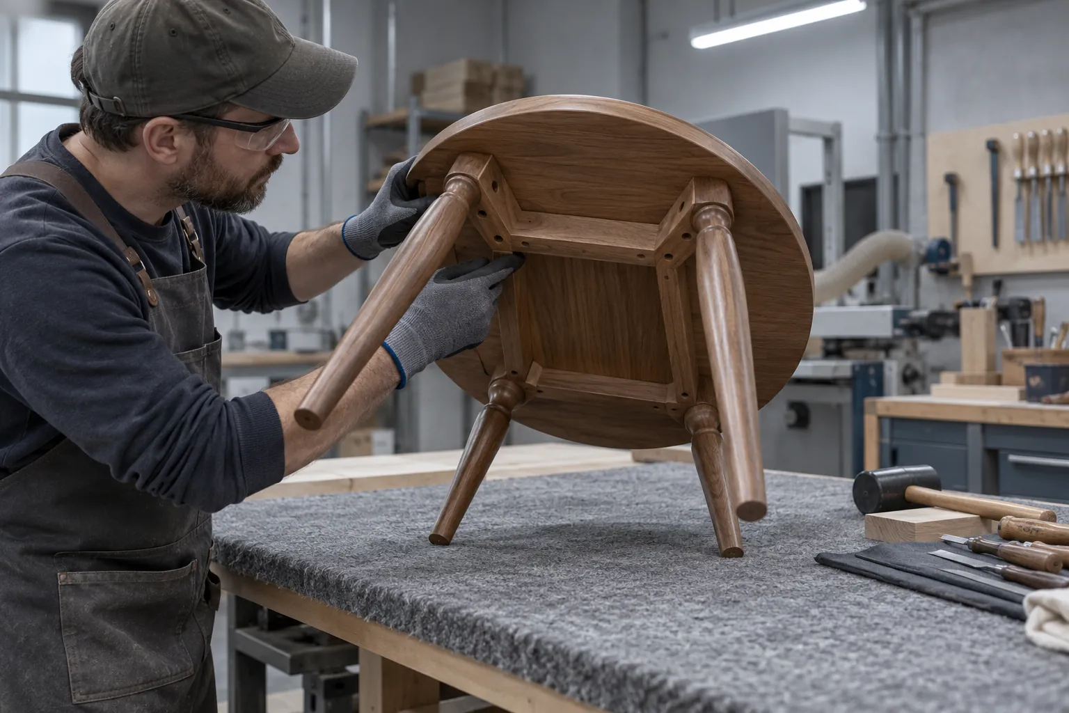 Craftsperson checking the underside of a small table in a grey workshop