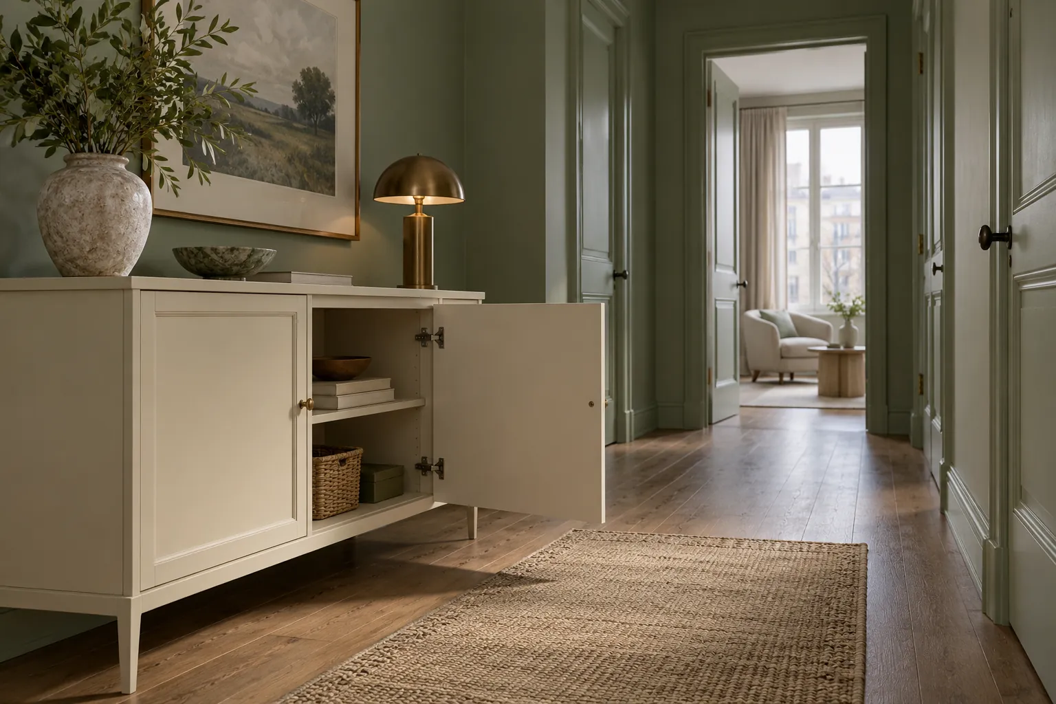 Cream cabinet with an open door beside a green hallway passage