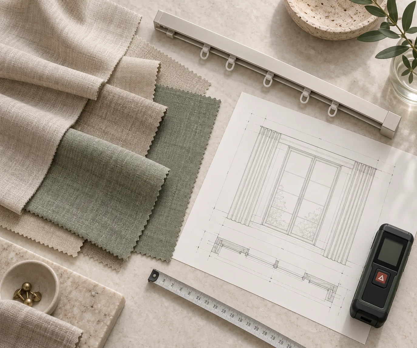 Curtain fabrics, track sample and measuring tools on a stone table