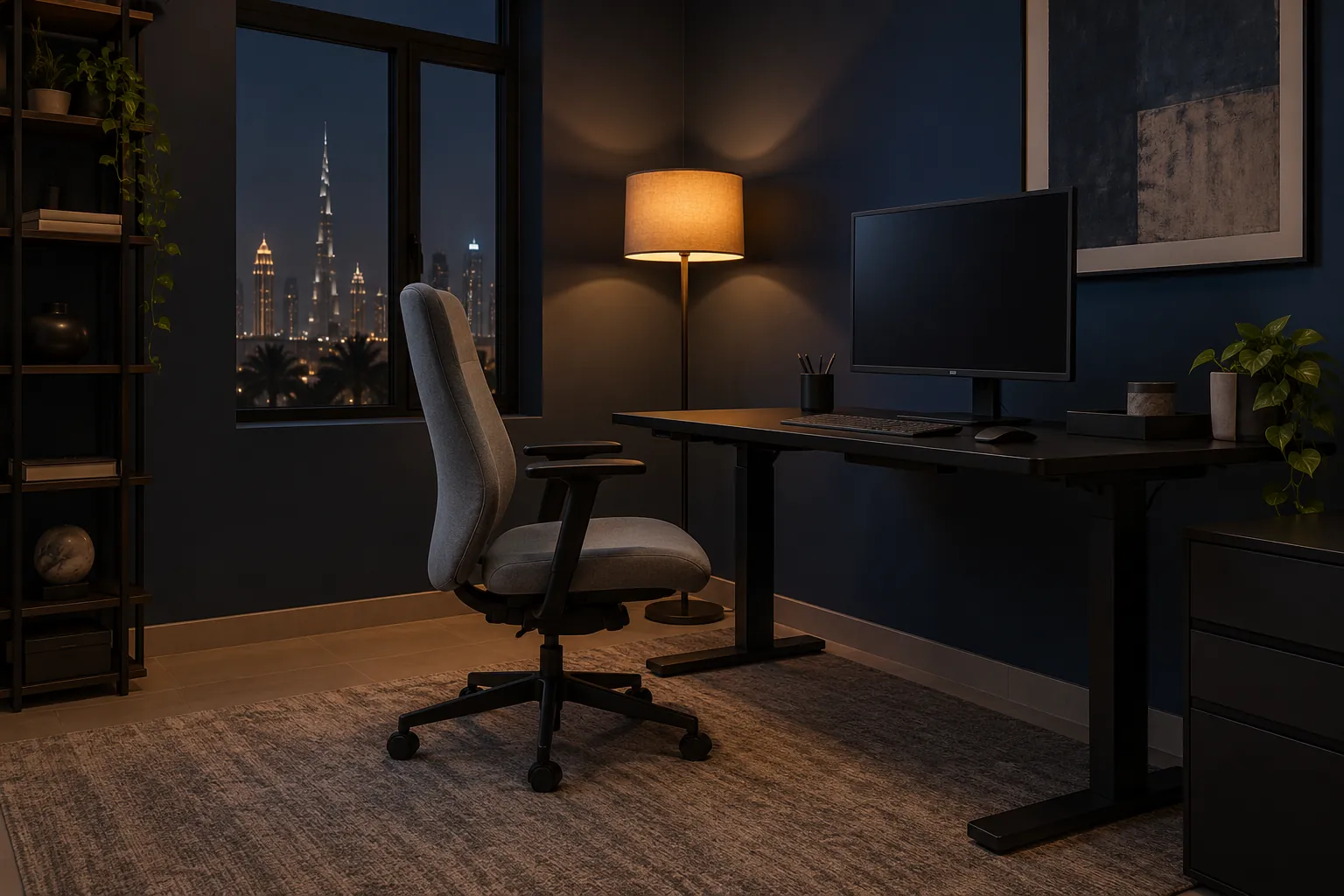 Dark home office workstation with space behind the chair at night