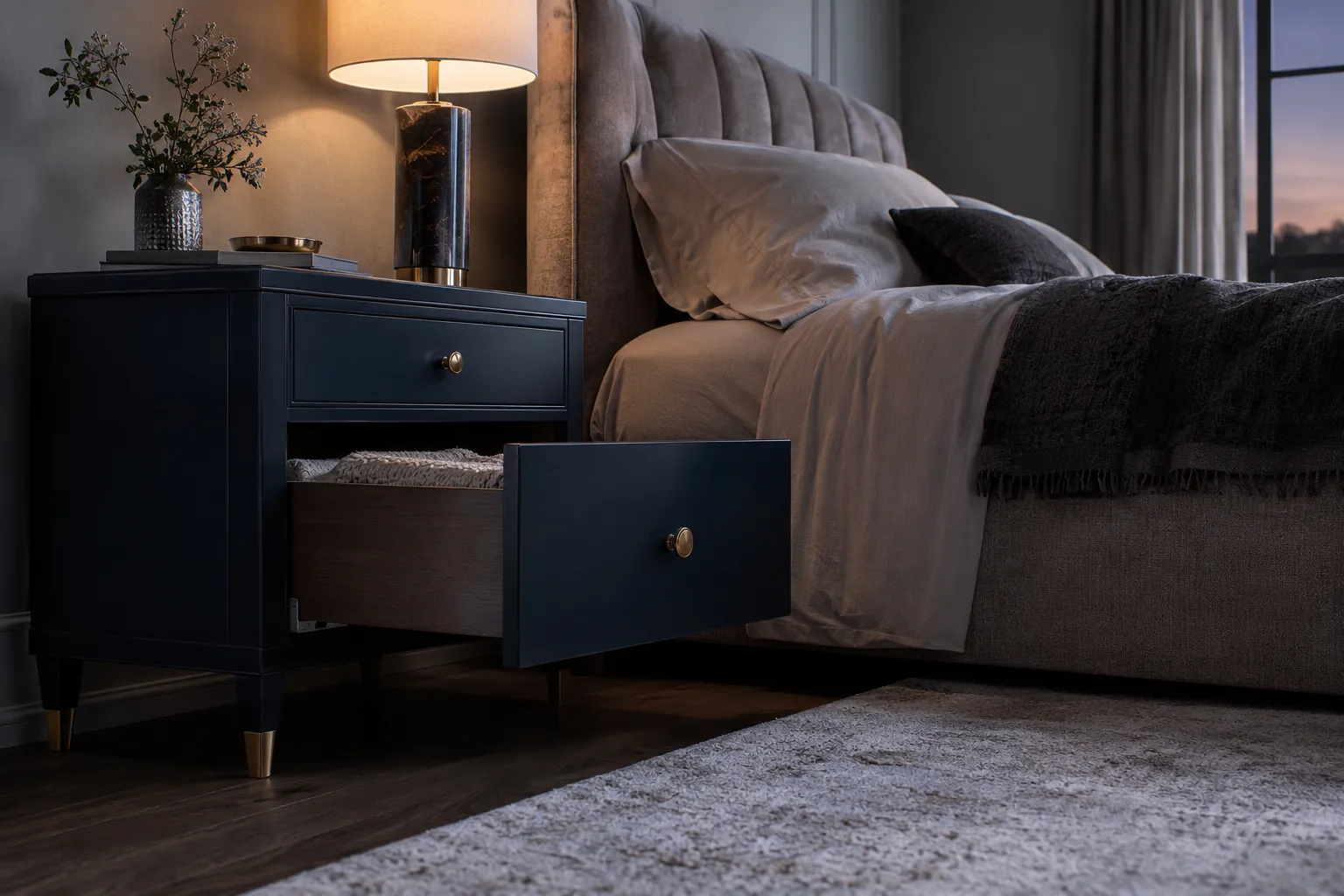 Dim bedroom with a dark blue bedside cabinet, open drawer and glowing table lamp.