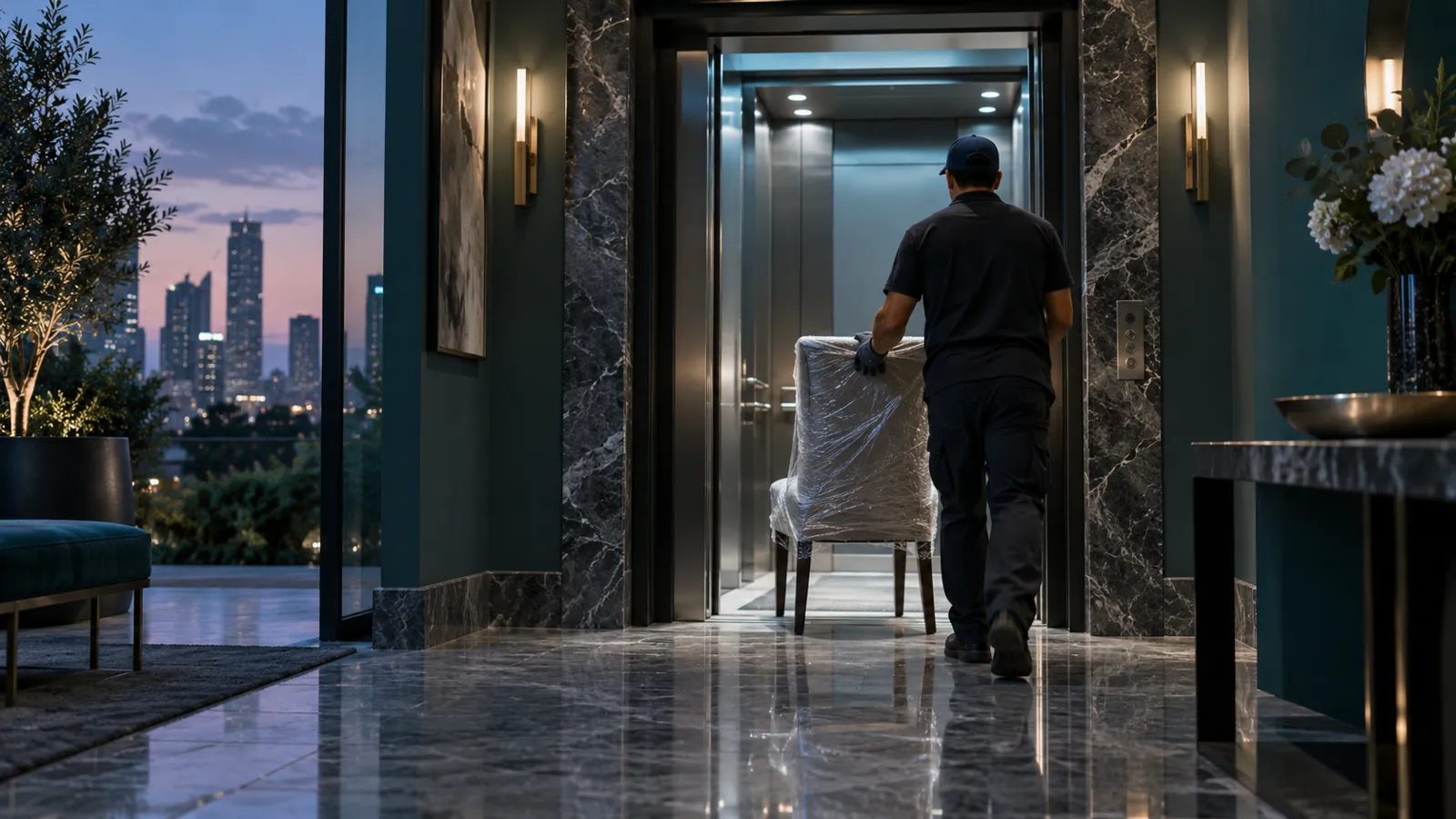 Dining chair delivery route through a cool marble apartment entrance