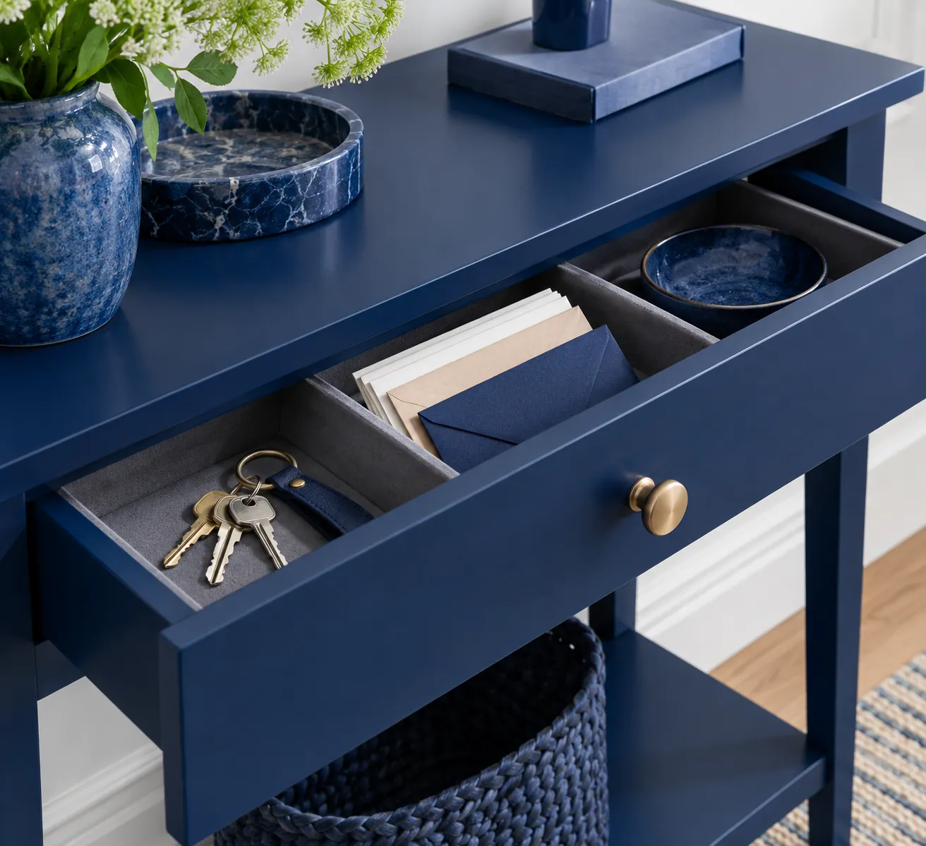 Divided drawer open in a navy console with keys, papers and a blue bowl.