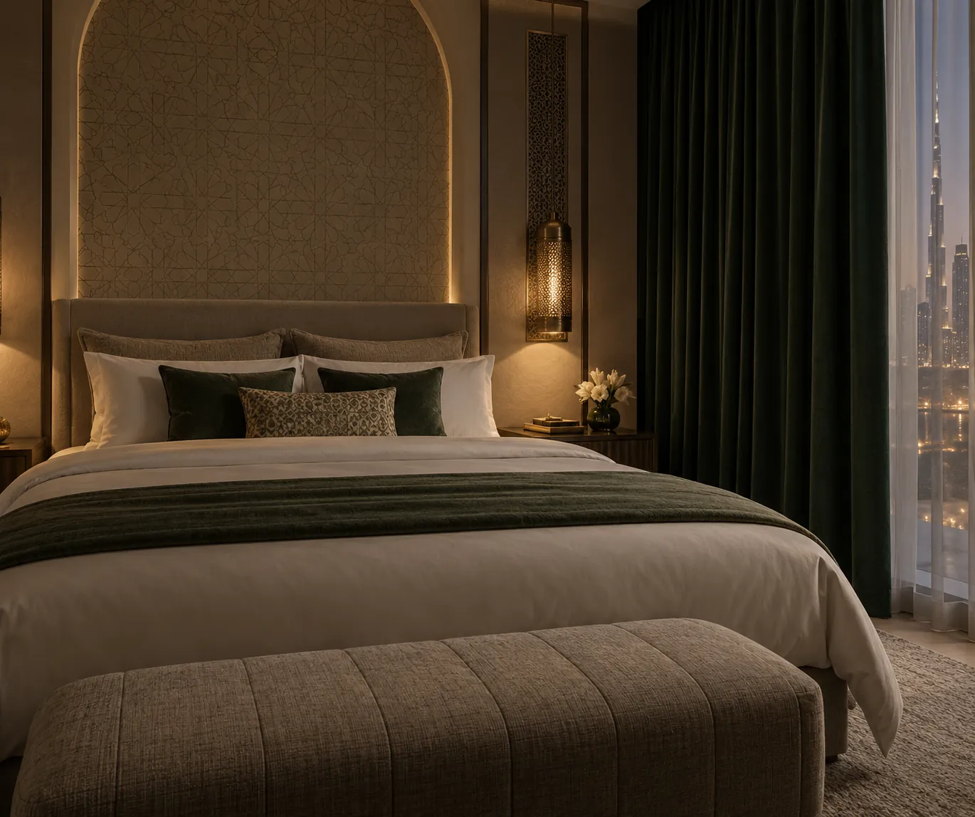 Emerald blackout curtain in a softly lit contemporary bedroom