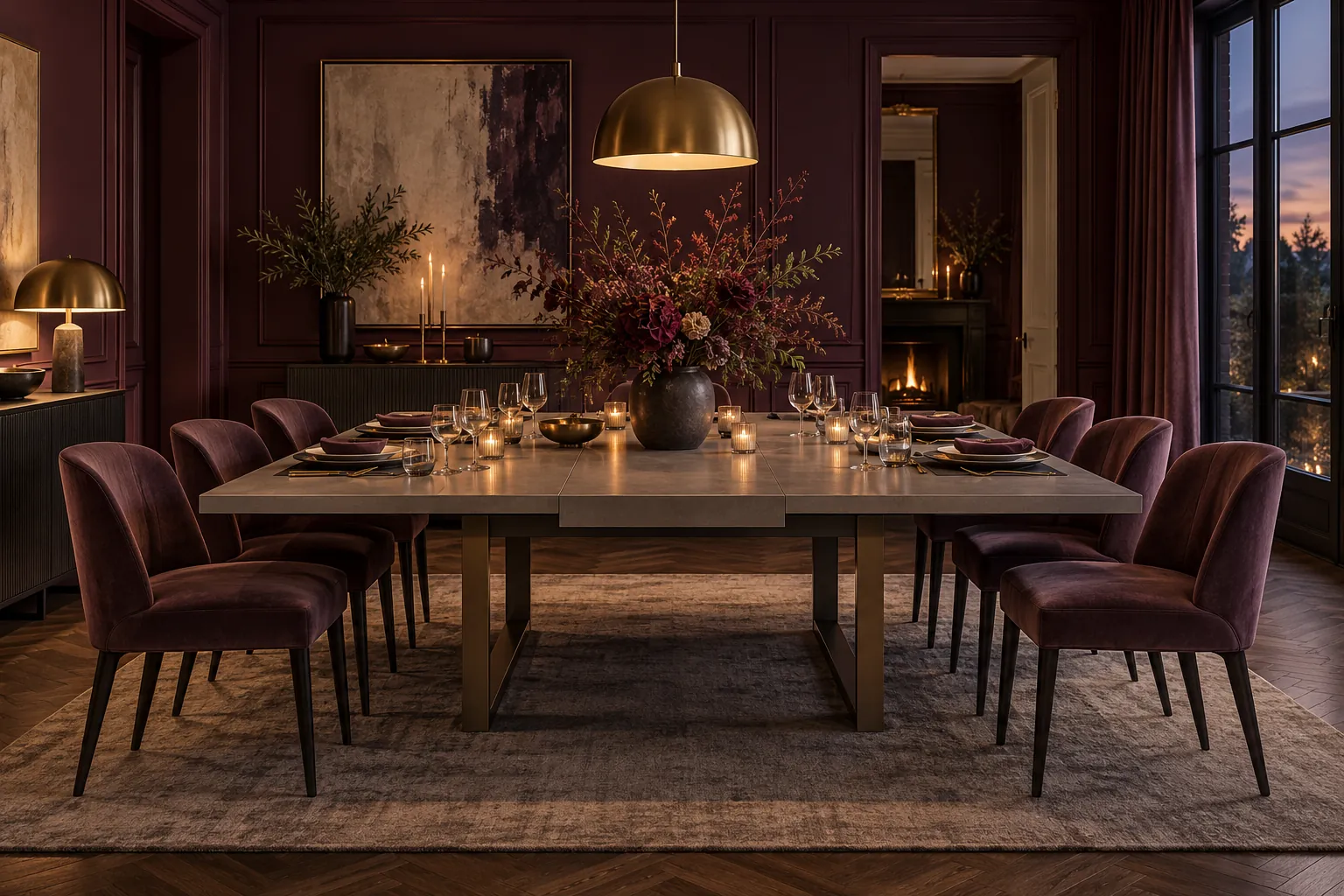 Extended grey dining table in an aubergine evening interior
