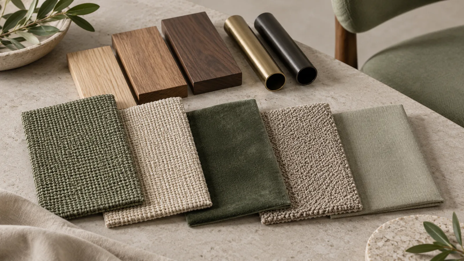 Five distinct upholstery and frame samples arranged in warm evening light