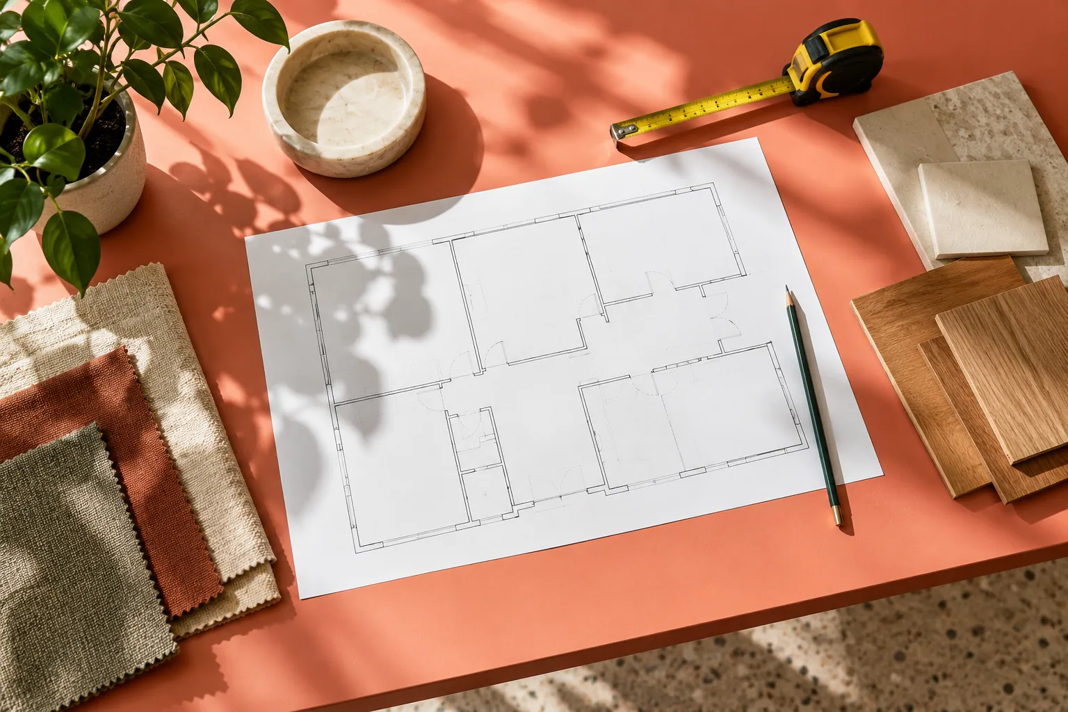 Floor plan and timber samples on a coral design table