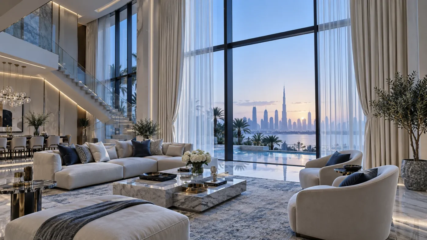 Floor to ceiling luxury curtains in a cool dawn Dubai villa salon