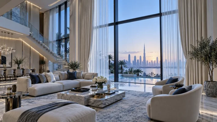 Floor to ceiling luxury curtains in a cool dawn Dubai villa salon