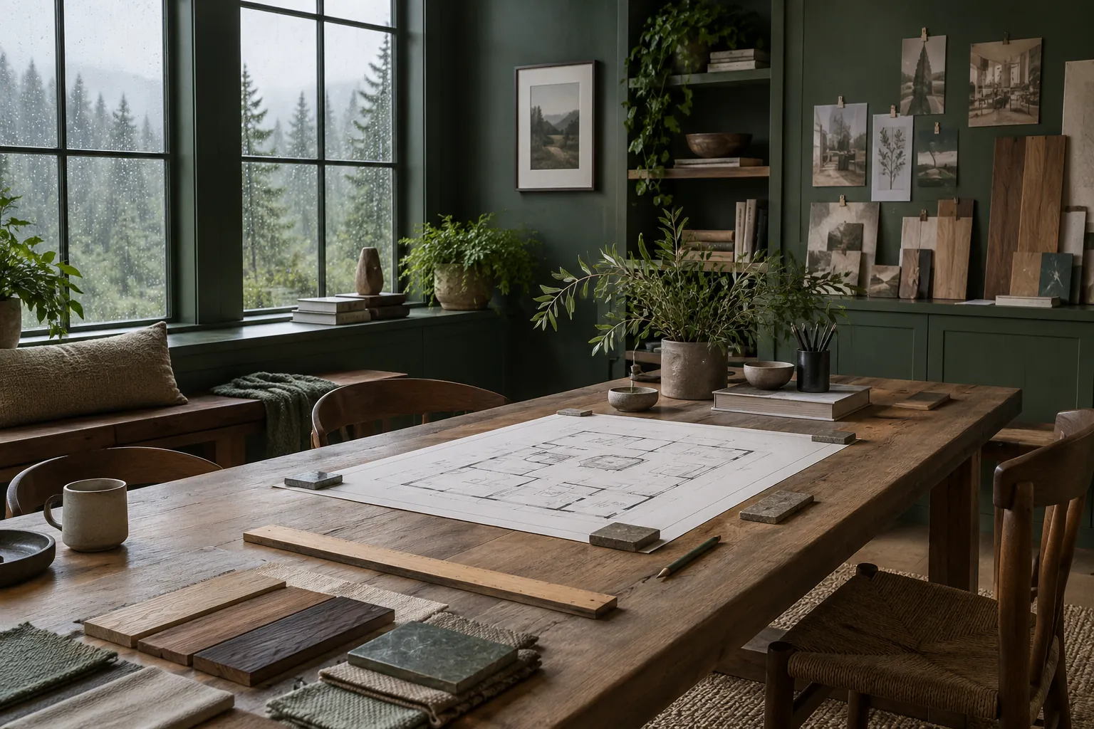 Forest-green design studio with plans and material samples on a wooden worktable.