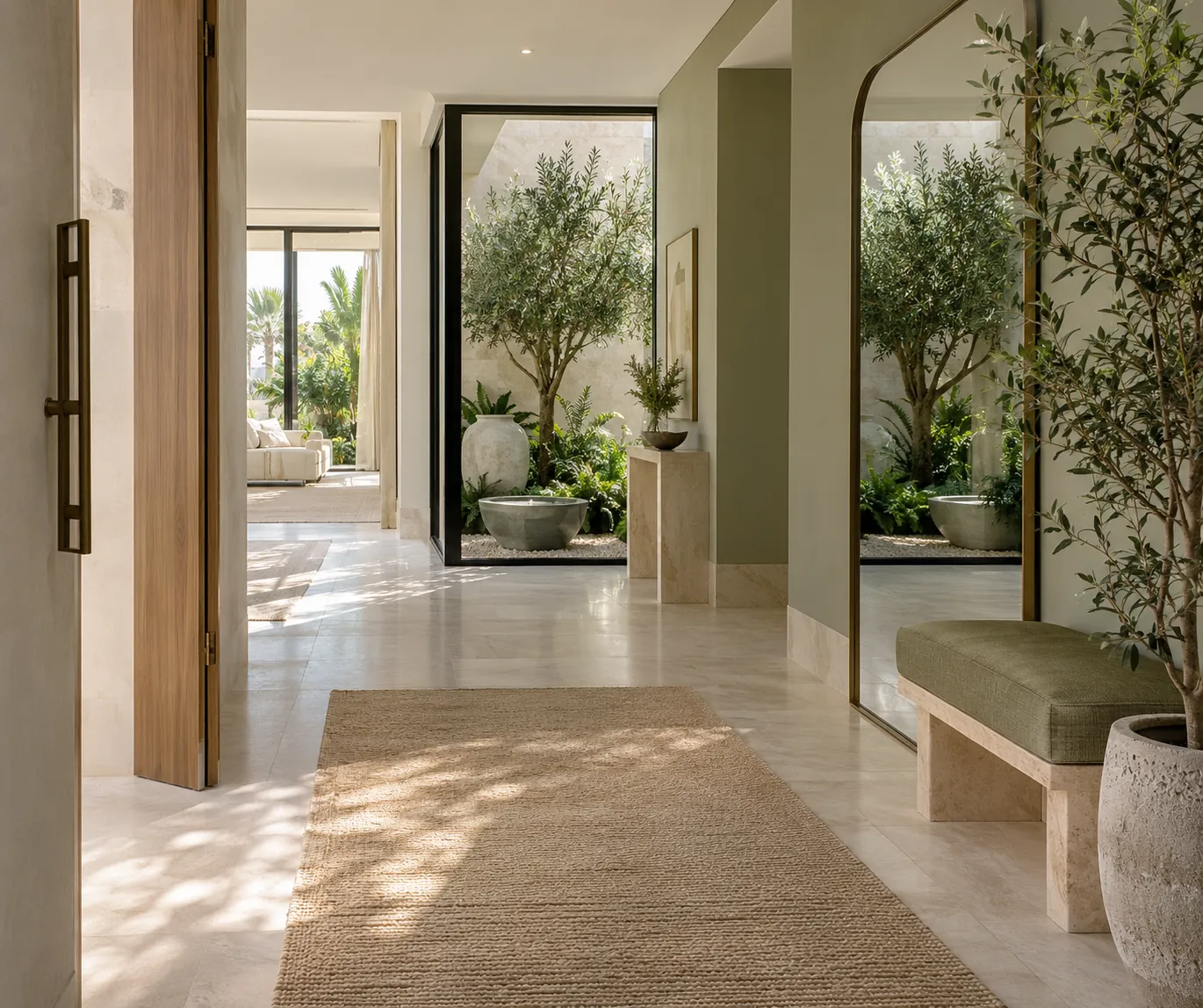 Full-length mirror reflecting an indoor garden in a bright villa corridor